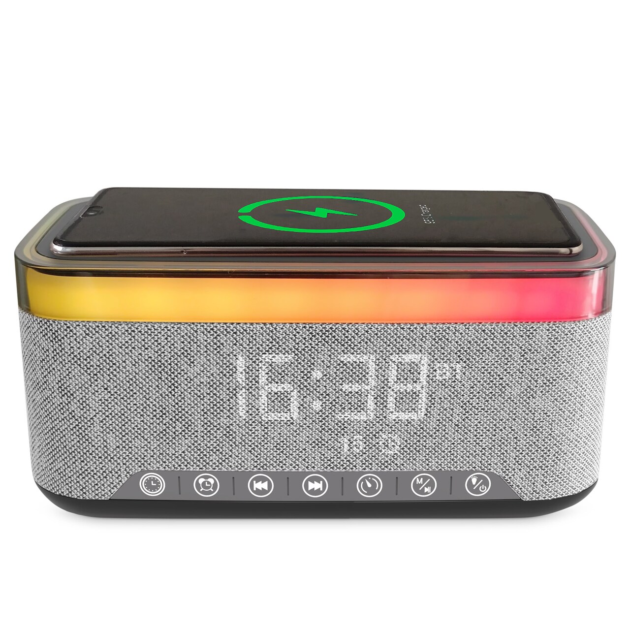 Bluetooth Speaker Alarm Clock w/ 15W Fast Wireless Charging, 13 Night Light modes, Rechargeable Battery, 10W Stereo Speaker, 12/24H Digital Clock, Sleep Timer, White Noise Mode, USB Drive